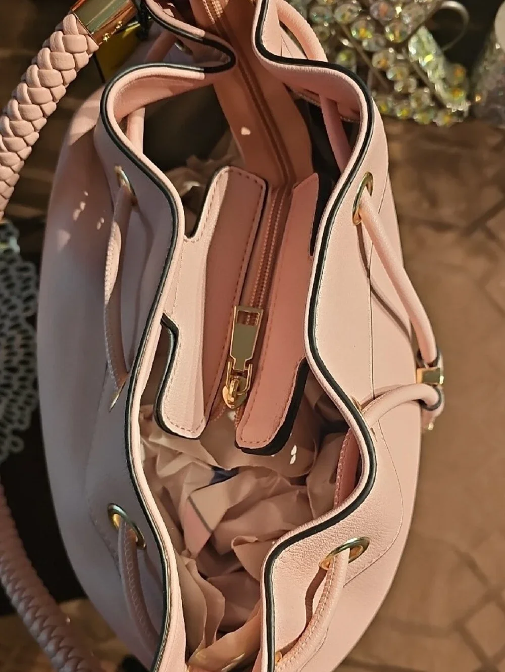 Pink Drawstring Bucket Hobo Bag with Braided Handle